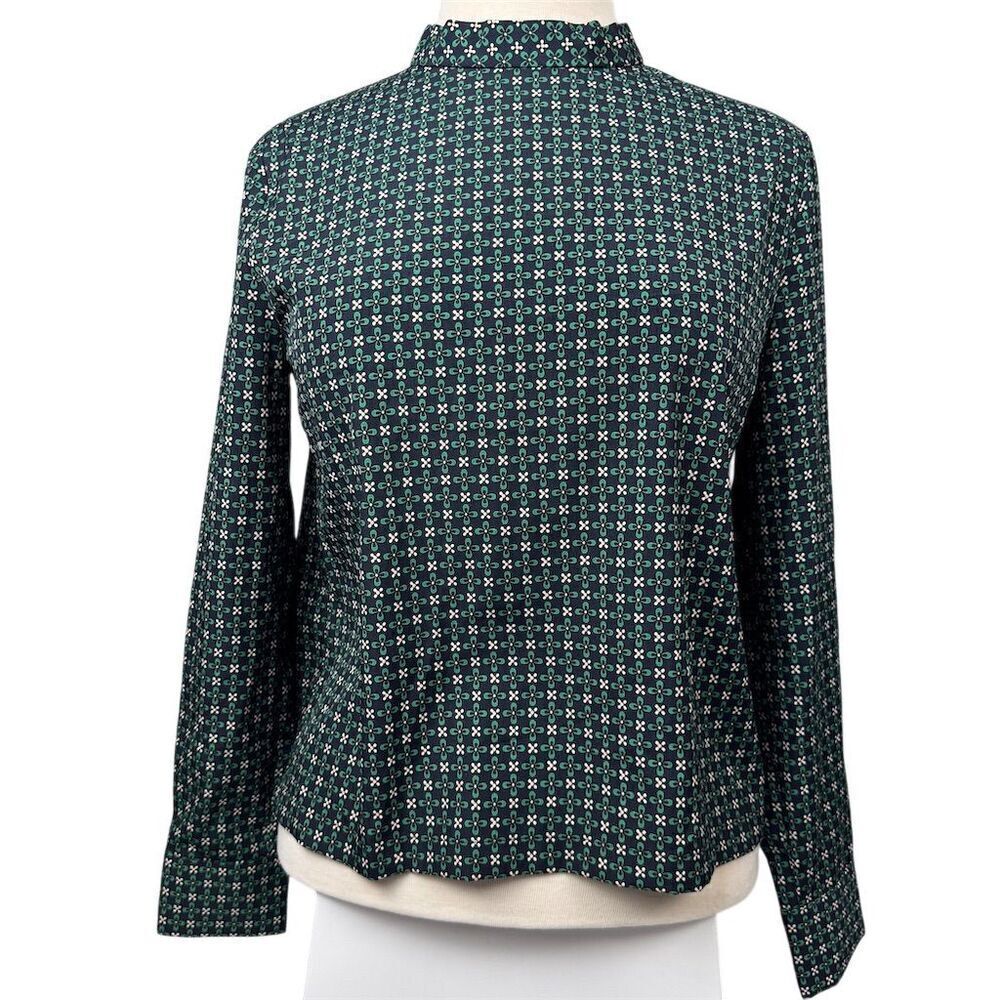 Mignon Doo Women's High Neck Tie Back Blouse Button Up Back Green Long Sleeve S